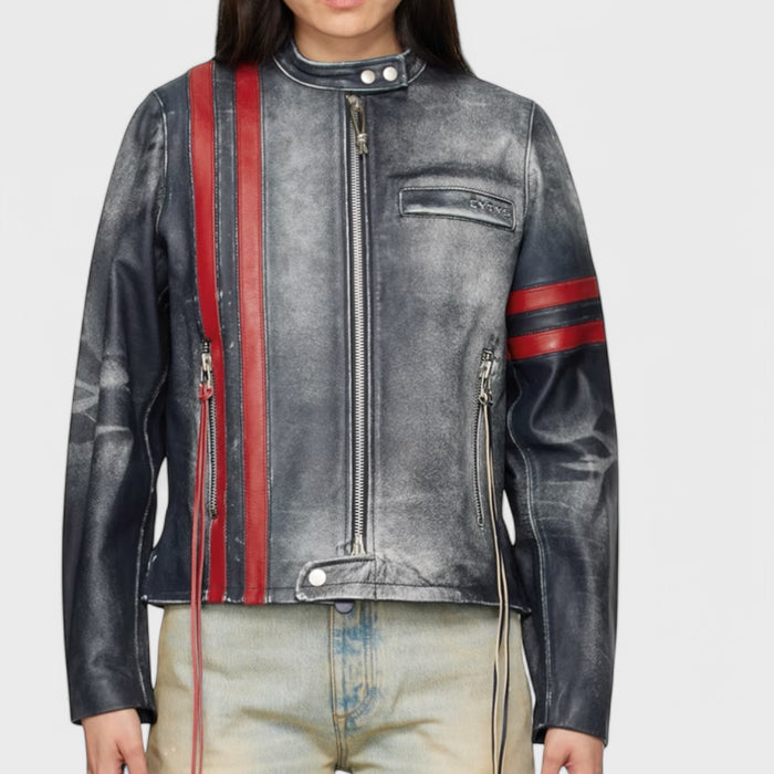 Damon Navy Stripe Leather Jacket