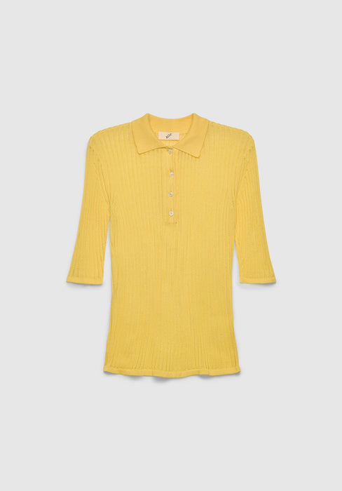 A yellow short-sleeve knit top with a fitted silhouette, featuring a small pointed collar and a buttoned placket, displayed against a plain background.
