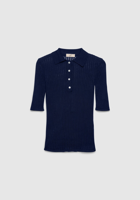 A navy blue short-sleeve knit top with a fitted silhouette, featuring a small pointed collar and a buttoned placket, displayed against a plain background.