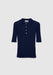 A navy blue short-sleeve knit top with a fitted silhouette, featuring a small pointed collar and a buttoned placket, displayed against a plain background.