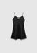A black satin slip dress with thin spaghetti straps and a soft, flared silhouette, featuring a smooth, slightly glossy finish, displayed against a plain background.