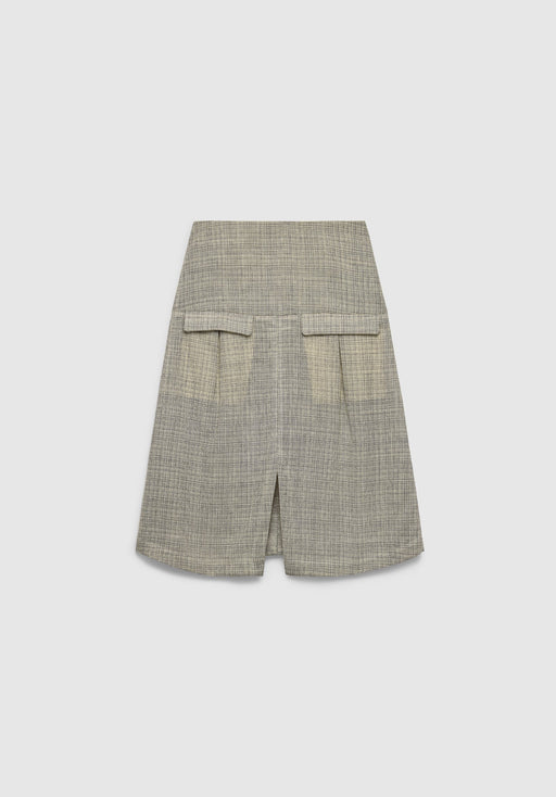 A gray textured mini skirt with a structured silhouette, featuring front flap pockets and a small front slit, displayed against a plain background.