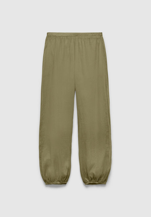 A pair of olive green relaxed-fit pants with an elastic waistband and gathered cuffs at the ankles, featuring a lightweight, slightly textured fabric, displayed against a plain background.