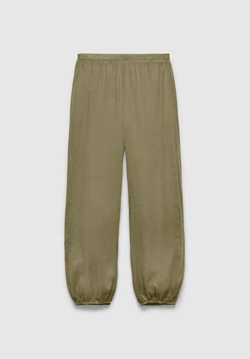 A pair of olive green relaxed-fit pants with an elastic waistband and gathered cuffs at the ankles, featuring a lightweight, slightly textured fabric, displayed against a plain background.