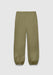 A pair of olive green relaxed-fit pants with an elastic waistband and gathered cuffs at the ankles, featuring a lightweight, slightly textured fabric, displayed against a plain background.
