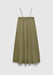 An olive green midi skirt with a lightweight, slightly crinkled texture, featuring a gathered elastic waistband and a loose, flowing silhouette, displayed against a plain background.