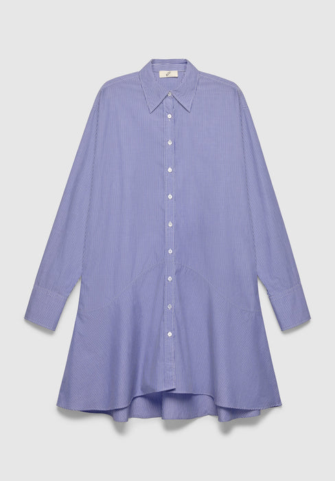 A blue and white vertically striped long-sleeve shirt dress with a pointed collar and front button closure, featuring a loose, flared silhouette, displayed against a plain background.