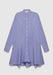 A blue and white vertically striped long-sleeve shirt dress with a pointed collar and front button closure, featuring a loose, flared silhouette, displayed against a plain background.