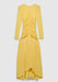 A yellow long-sleeve maxi dress with a fitted bodice, featuring ruched detailing down the front and a flowing, asymmetrical skirt, displayed against a plain background.