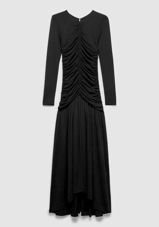 A black long-sleeve maxi dress with a fitted bodice, featuring ruched detailing down the front and a flowing, draped skirt, displayed against a plain background.