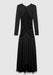 A black long-sleeve maxi dress with a fitted bodice, featuring ruched detailing down the front and a flowing, draped skirt, displayed against a plain background.