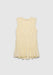 A light cream sleeveless top with a V-neckline, featuring gathered detailing at the shoulders and waist and a softly flared hem, displayed against a plain background.