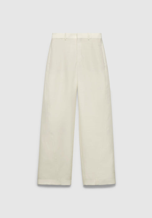 A pair of cream-colored straight-leg trousers with a tailored fit, featuring a mid-rise waistband with belt loops and clean, minimal detailing, displayed against a plain background.