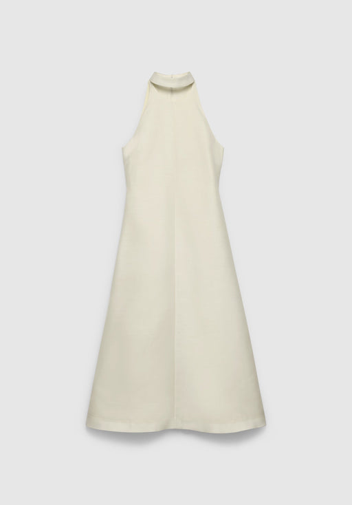 A cream-colored sleeveless midi dress with a high neckline and an A-line silhouette, featuring a clean, minimal design, displayed against a plain background.