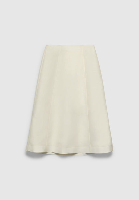 A cream-colored A-line skirt with a smooth, structured finish, featuring subtle panel seams and a clean, minimalist design, displayed against a plain background.
