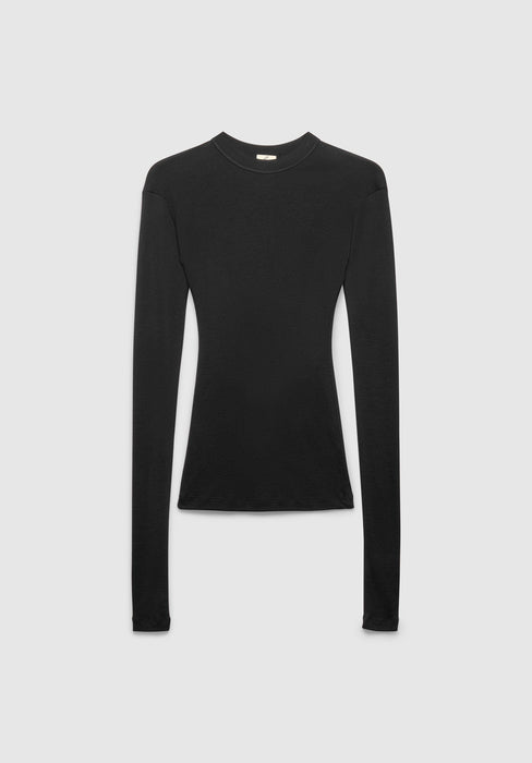A fitted black long-sleeve top with a crew neckline, featuring a sleek, minimal design and a close-to-body silhouette, displayed against a plain background.