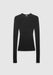 A fitted black long-sleeve top with a crew neckline, featuring a sleek, minimal design and a close-to-body silhouette, displayed against a plain background.