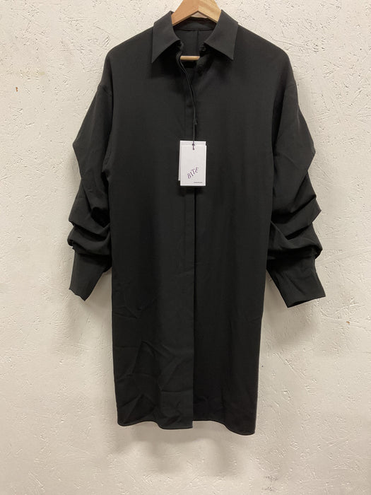 Pleated Sleeve Wool Crepe Shirt-dress