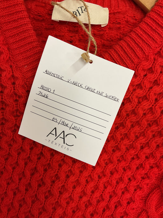 Red asymetric v-neck cable knit sweater