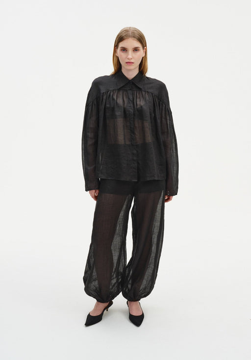 A woman stands facing forward against a plain white background, wearing a sheer black long-sleeve blouse with a collar and gathered detailing, paired with matching semi-transparent billowy trousers and black pointed heels.