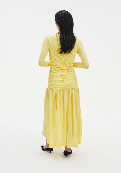 Back view of a woman standing in a relaxed pose, wearing a long dress, with straight hair falling down her back against a plain studio background.