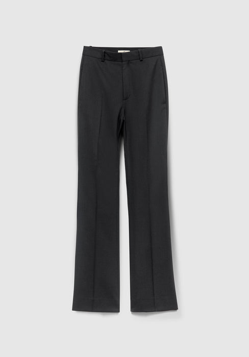 Black straight‑leg dress pants laid flat on a light gray background, showing belt loops, a front zipper closure, and a slight flare at the hem.
