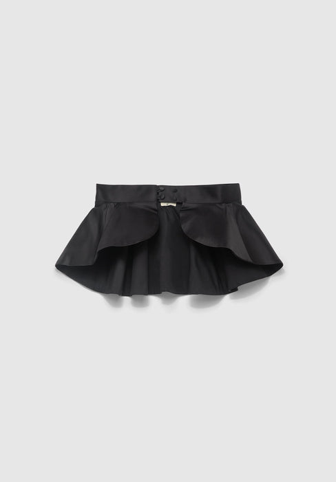 Black structured mini skirt with a flared peplum silhouette and front button detail, displayed flat against a plain background.