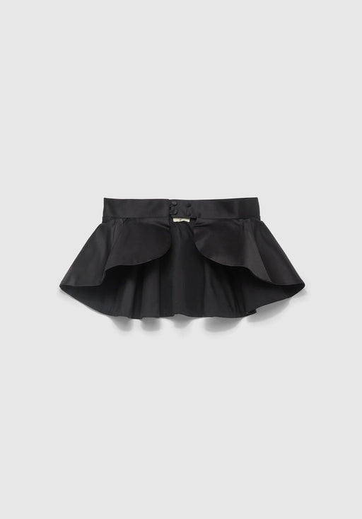 Black structured mini skirt with a flared peplum silhouette and front button detail, displayed flat against a plain background.