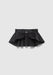 Black structured mini skirt with a flared peplum silhouette and front button detail, displayed flat against a plain background.