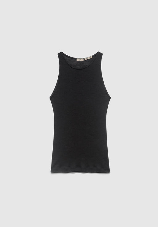 A black sleeveless tank top laid flat on a light gray background, featuring a round neckline, wide straps, and a small beige tag at the inner back.