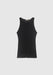A black sleeveless tank top laid flat on a light gray background, featuring a round neckline, wide straps, and a small beige tag at the inner back.