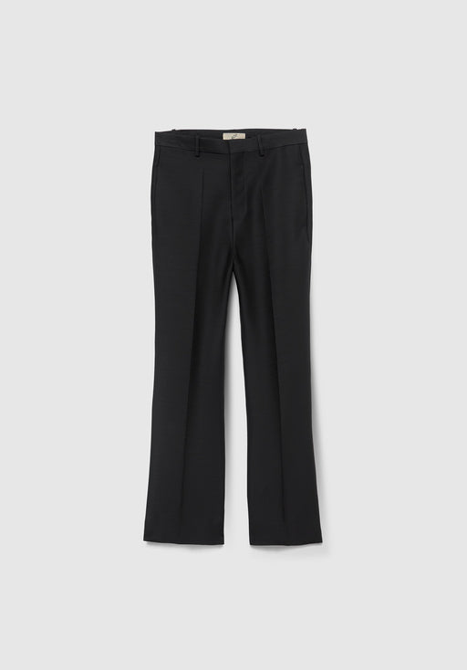A pair of black straight‑leg dress pants laid flat on a light gray background, featuring belt loops, a front zipper with a clasp closure, and a slight flare at the hem.